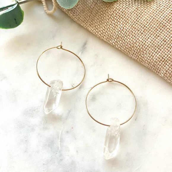 Clear Crystal Quartz Gold Hoop Earrings - Picture 2 of 3